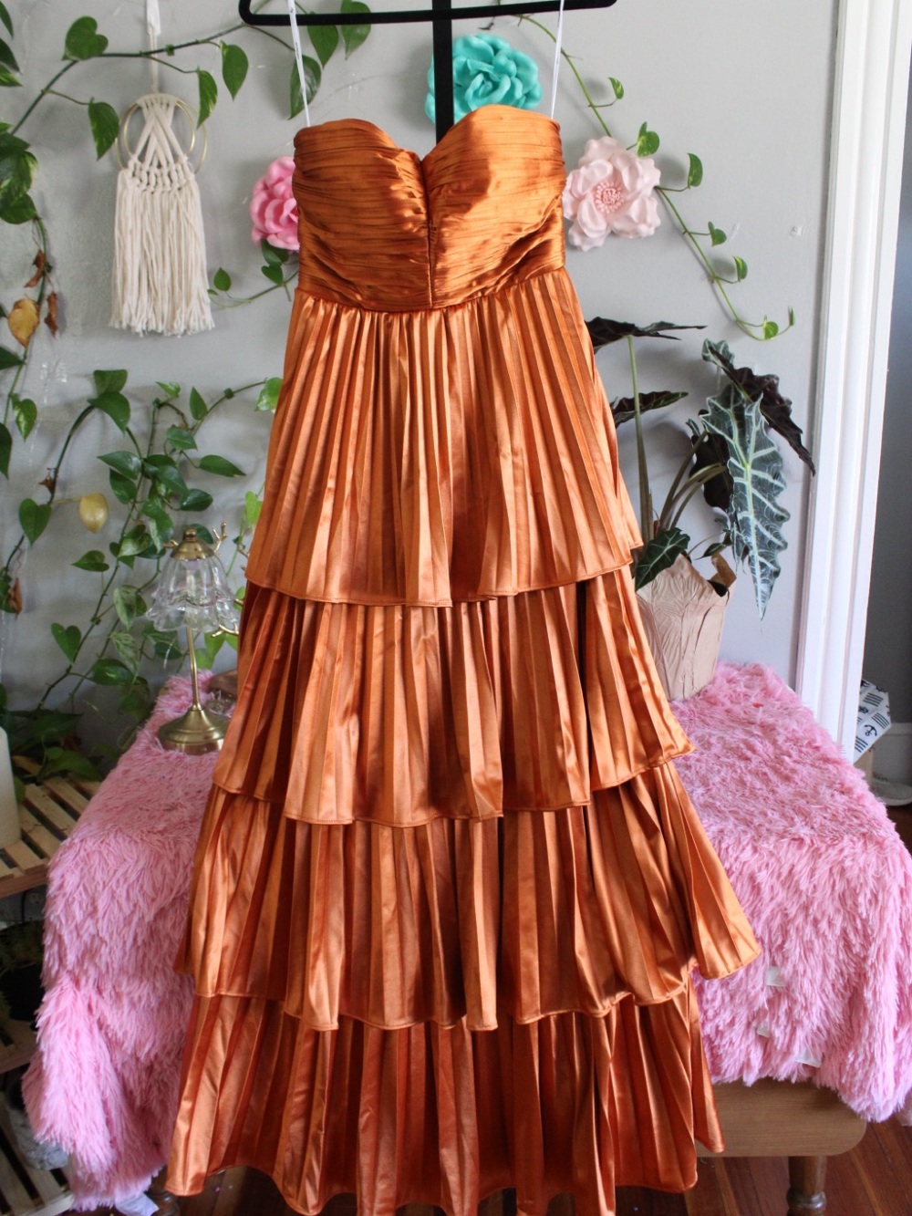 Strapless Tiered Satin Evening Gown in Copper - Picture 2 of 9